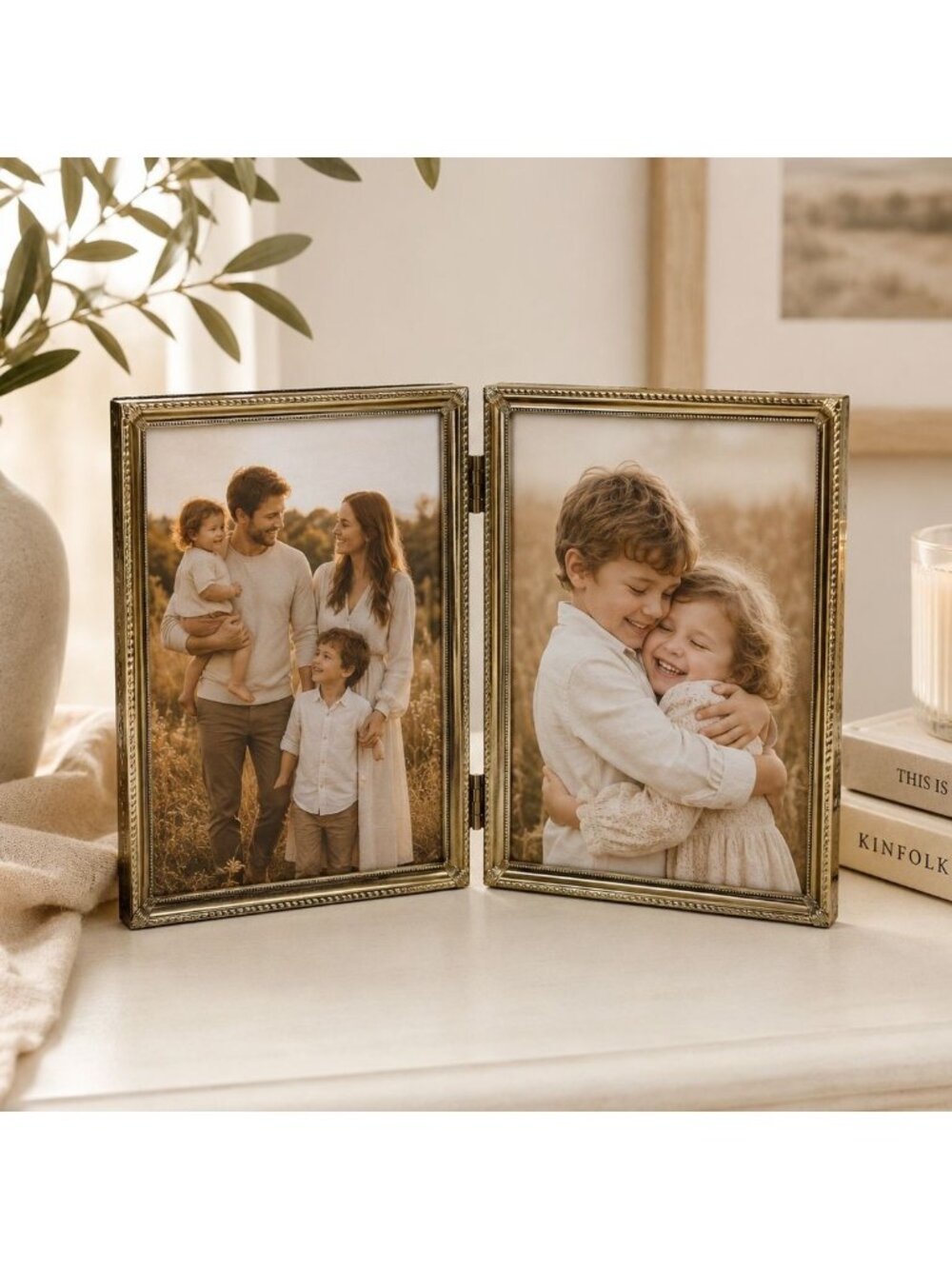 Vintage Double Hinged Brass Picture Frame 5x7 With Ornate Border & Black Velvet